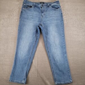 Earl Jean Womens 16 Blue Medium Wash Floral Embroidered Pocket Straight Jeans